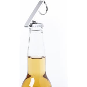 A multifunction keyring with a sleek silver finish attached to the neck of a glass drink bottle.