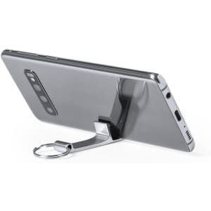 A multifunction keyring in silver, featuring a phone stand attachment. The keyring has a branding logo.