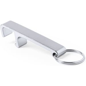 A silver multifunction keyring tool featuring a flat, rectangular design with a keyring attached.