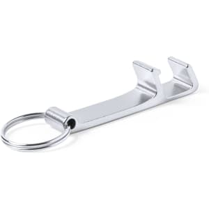 A silver multifunction keyring with a keychain loop and two functional hooks.