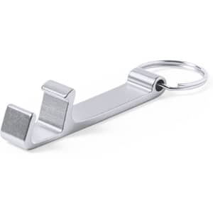 A silver multifunction keyring with an ergonomic design and a keyring attachment.