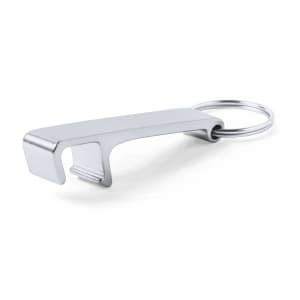 A silver multifunction keyring with a bottle opener style attachment and a round keyring.