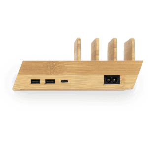 A wireless charger with a wooden finish, featuring multiple ports including USB and USB-C. It has a branded logo.