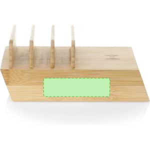 A bamboo wireless charger with a sleek design, featuring four slots for devices and a logo.