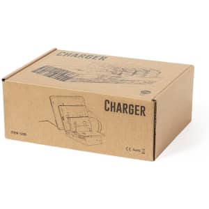 A brown cardboard box containing a wireless charger, featuring a logo and illustrations of the product on the top.
