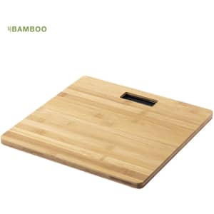 A square bamboo weighing scale with a smooth finish and a central display area. It features a logo at the top.