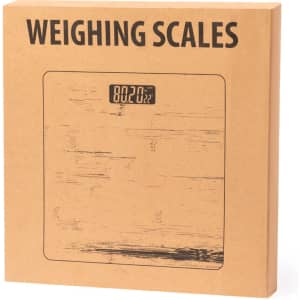 A box containing berry weighing scales with a digital display, featuring a neutral brown colour.