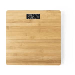 A digital weighing scale with a wooden bamboo finish, featuring a display for measurements.