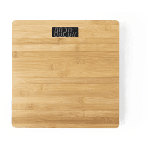 A bamboo weighing scale with a digital display, showcasing a sleek, natural wooden finish.