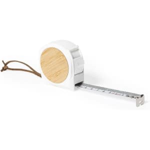 A tape measure with a wooden design and white casing, featuring a silver measuring tape and a brown leather strap.