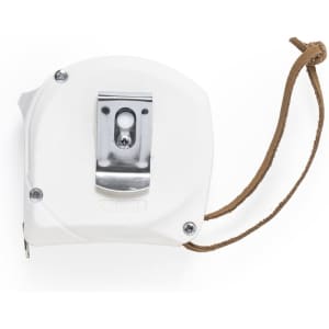 A white tape measure with a silver clip and a leather strap. It features a branding logo.