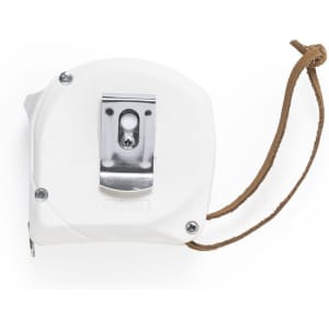 A white tape measure with a metal clip and a leather strap. It has a compact design suitable for keyrings and tools.