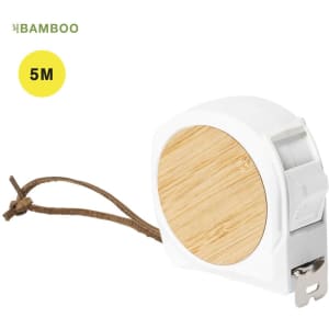 A 5m tape measure with a bamboo face, white casing, and a brown cord attached for easy carrying.
