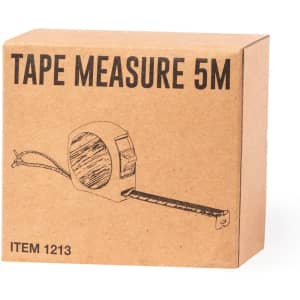 A brown box containing a 5m tape measure with a retractable tape and a branding logo.