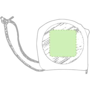 A green tape measure with a rounded casing and a retractable tape. It includes a strap for easy carrying.