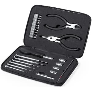 A tool set in a compact case featuring pliers, screwdrivers, sockets, and various bits, all in black and silver.