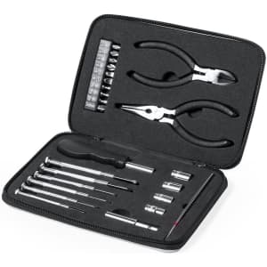 A black tool set featuring pliers, screwdrivers, and various sockets, neatly arranged in a zippered case.