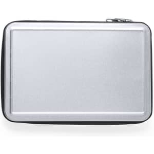A silver tool case with a zip closure, featuring a textured surface and a rectangular shape.