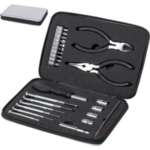 A tool set featuring black pliers, various screwdrivers, and multiple sockets, all held in a zippered case with a logo.