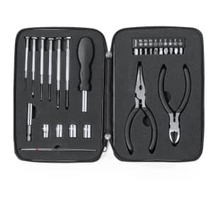 A tool set featuring various screwdrivers, pliers, and sockets, neatly stored in a zippered case with black interior.