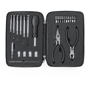 A black tool set case containing various silver tools, including screwdrivers and pliers, with a compact design.