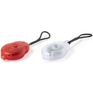 A red and a clear safety light, both with loops for attachment, are displayed together in this image.