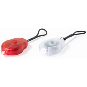 A red and a clear safety light with loops for attachment, designed for outdoor use. Each light has a logo.