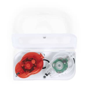 A safety light set featuring a red and a white light in a protective case. Includes a branding logo.