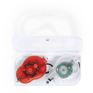 A red and green safety light set in a clear case, featuring a logo on the case.
