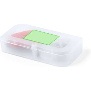 A clear plastic case containing a red and white safety light set for outdoor use. The case has a logo on it.