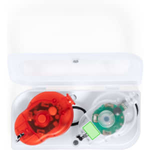 A red and a green safety light in a clear case. The lights are round with attachments for securing.
