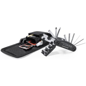 A bike repair kit featuring various tools, including multiple screwdrivers, a wrench, and storage pouch, in black.