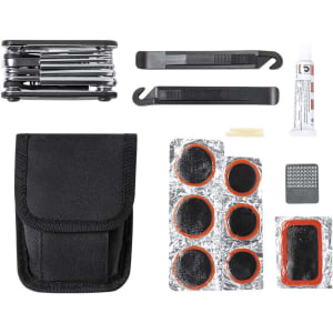 A black bike repair kit featuring a multi-tool, tyre levers, patches, glue, and a storage pouch.