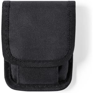 A black fabric pouch with a flap closure, featuring a stitching outline and a small loop at the back.