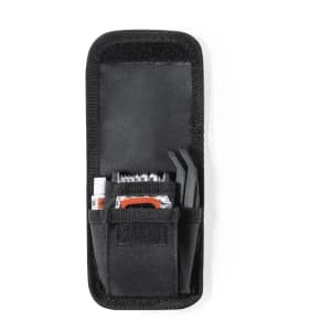 A black bike repair kit featuring various tools and a pouch for storage. It includes a multi-tool, tyre levers, and adhesive.