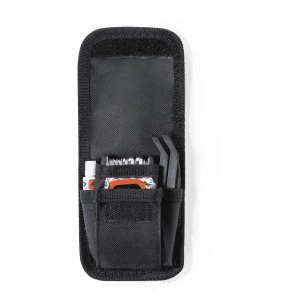 A compact black bike repair kit featuring tools and accessories neatly organised in a sturdy case with a logo.