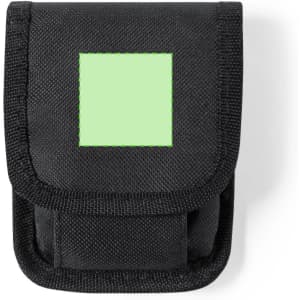 A black bike repair kit pouch with a textured surface and a square, blank green area on the front.