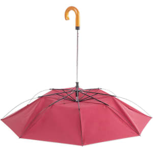 A red umbrella with a curved handle and a metal frame, featuring a branding logo.