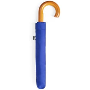 A blue umbrella with a wooden handle, secured in a matching cover. The umbrella features a logo on its side.