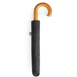 A black umbrella with a wooden hook handle, stored in a matching black sleeve.