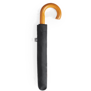 A black Branit umbrella with a curved orange handle, featuring a protective sleeve.
