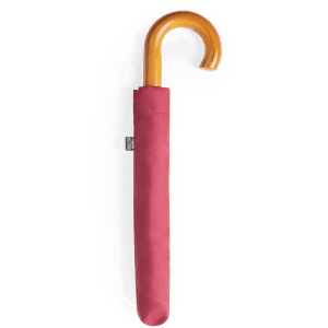 A maroon umbrella with a tan handle and a protective cover, featuring a design with a logo.