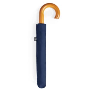 A navy umbrella with a wooden hook handle, enclosed in a matching protective case. Features branding.