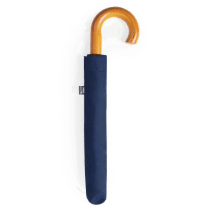 A navy umbrella with a curved golden handle, featuring a protective cover. It has a branding logo on the cover.