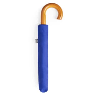 A blue umbrella with a wooden curved handle in a protective sleeve. It features a logo on the sleeve.