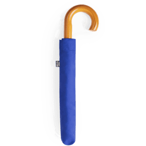 A blue umbrella with a curved golden handle, featuring a brand logo on the sleeve.