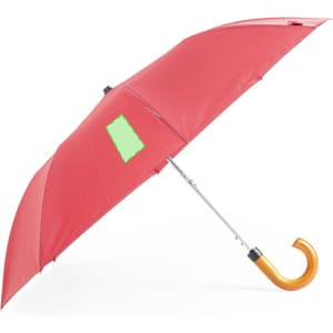 A red umbrella with a curved yellow handle and a silver shaft, featuring a logo on its surface.