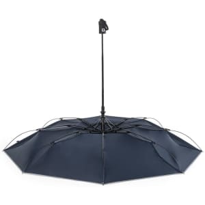 A navy blue umbrella with a sturdy structure and a handle, featuring multiple ribs for stability.