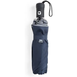 A navy blue umbrella with a black handle and a logo, neatly folded for storage.