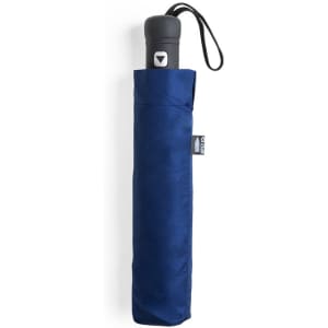 A navy blue umbrella in a matching sleeve with a handle and a logo.
